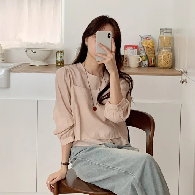[S~XL]여성 하객룩 데이트룩 레이어드 뷔스티에 긴팔 블라우스 나시 세트 빅사이즈