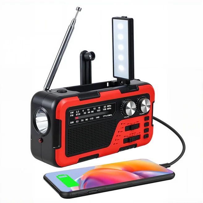 휴대용 태양열 라디오 핸드 크랭크 야외 비상 SOS 라디오 FM AM 효도 라디오 대용량 LED 조명 블루투스 스피커 강력한 조명 손전등 지원 TF 카드 다기능 스피커 MP3 안테, 붉은색