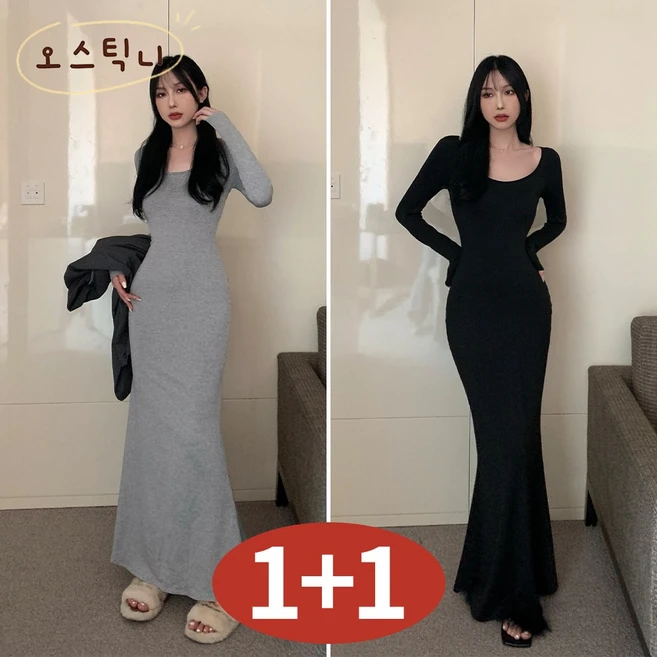 오스틱니 여성 빅사이즈 봄가을 긴팔 힙업 원피스 1+1 이너 스커트