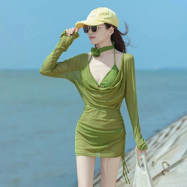 Kamoda 기질 망사 여성 비키니 자외선 차단 긴팔 스트랩 수영복 3종 세트, 그린