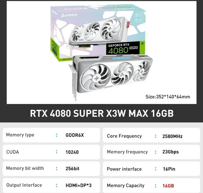 중고 게이밍 GPU 비디오 그래픽 카드 RTX4080 슈퍼 X3W 맥스 16GB GDDR6X 256 비트 HDMI 16 핀 빠른 배송, 01 4080 SUPER X3W MAX, 1개