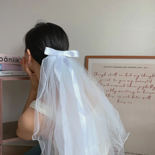 현재의태도 면사포 베일 브라이덜샤워 웨딩베일 리본면사포, 1개