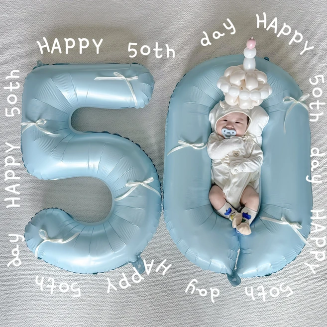 50일 셀프촬영 대형 숫자 풍선 셀프 촬영 완성 된 리본 포함, 1개, 파스텔블루