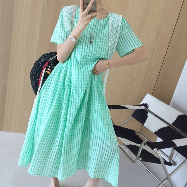 디저트 라운드 체크 시어서커 지지미 시스루 A라인 플레어 롱 여름 반팔 원피스 (5color)