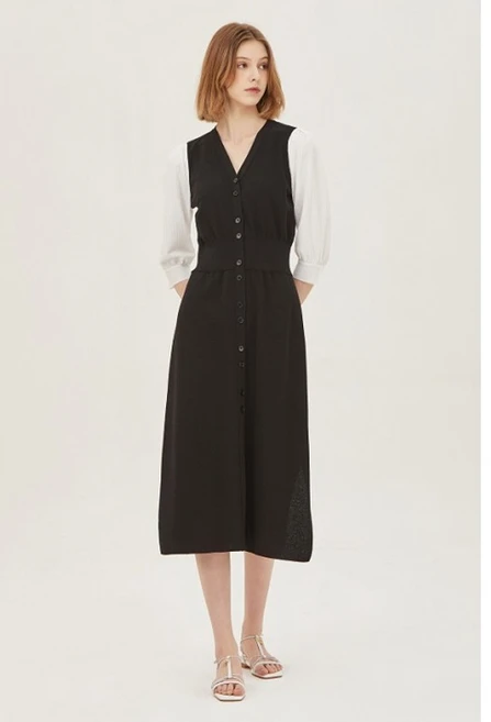 시슬리 SISLEY 슬리브 배색 롱 원피스 SAKOC1331 BK