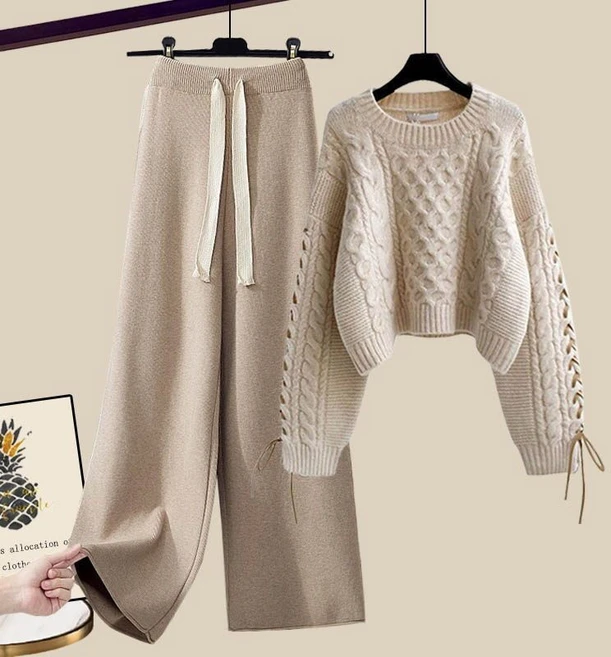 RCLET 여성 라운드넥 니트 스웨터 밴딩 바지 상하세트 롱팬츠 투피스 빅사이즈 가을겨울 데일리