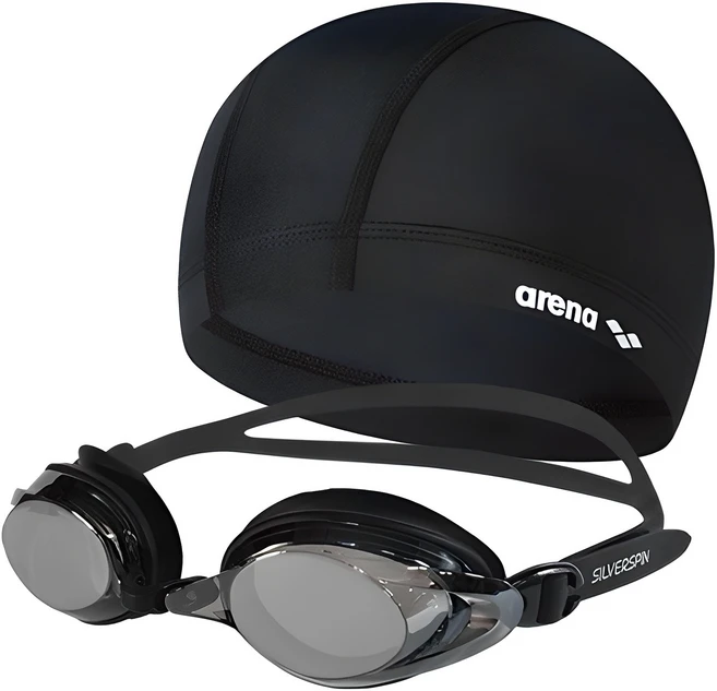 아레나 스판수모 + 실버스핀 미러수경 SGT-601M 2종 세트, BK + 블랙, 1세트