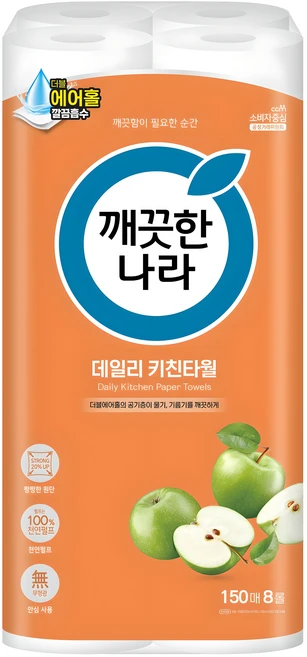 깨끗한나라 데일리 천연펄프 키친타월, 150매, 8개