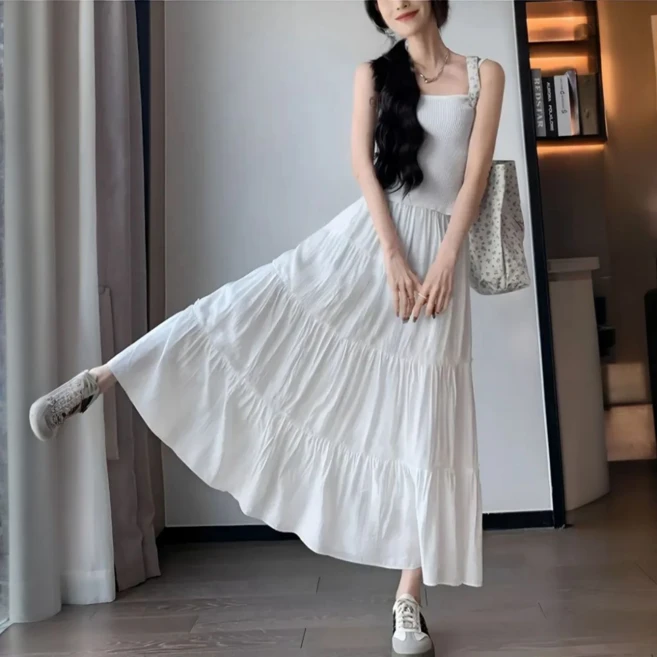 부드러운 하이웨스트 셔링 밴딩 롱 스커트