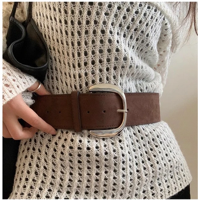 소울린느 빈티지 무드 스웨이드 와이드 가죽벨트(다크브라운)