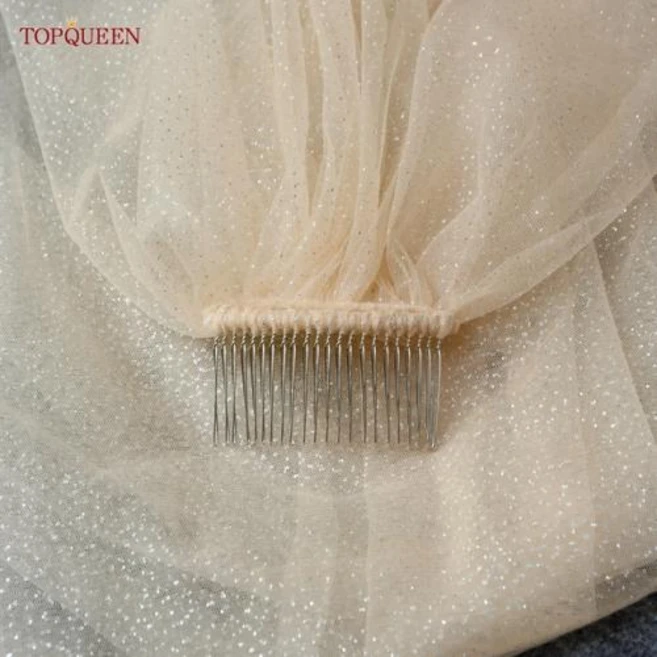 Topqueen-V101 스파크 신부 베일 긴 럭셔리 황금 신부 웨딩 베일 대성당 샴페인 색상 실 장식 조각 로얄