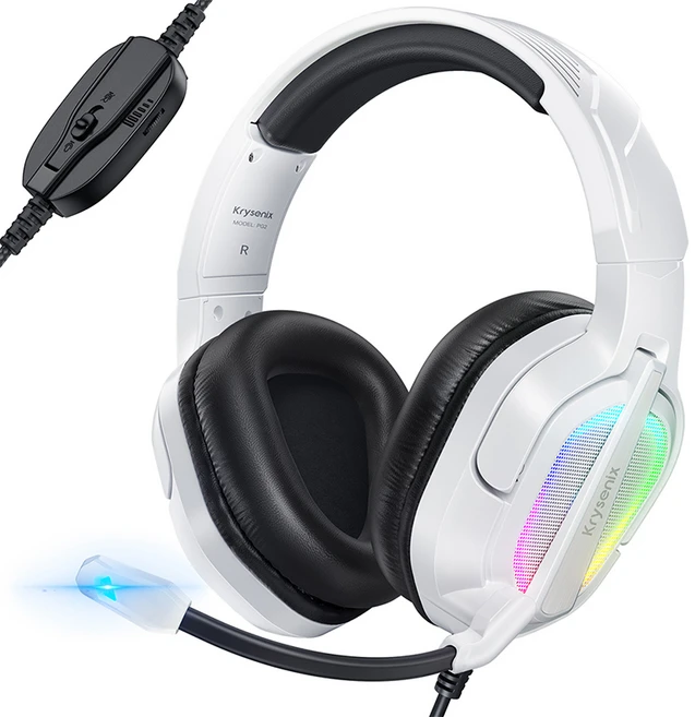 Krysenix 게이밍 헤드셋 pc 유선 PG2, 화이트 블랙