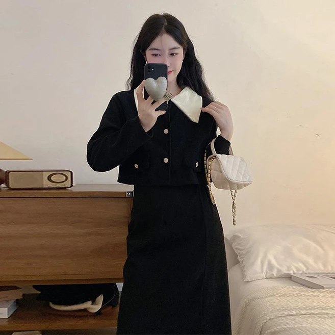 ANYOU 가을 겨울 원피스 롱 원피스 일상 블랙