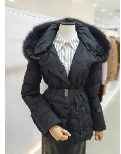 잇미샤 패딩 폭스 후드 더블버튼 구스다운 ITOBYPD340