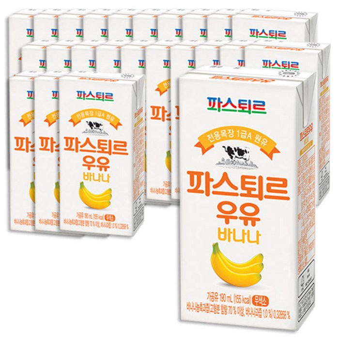 파스퇴르 전용목장 1급A 원유 바나나우유, 190ml, 24개입 대표 이미지 - 딸기맛 음료 추천
