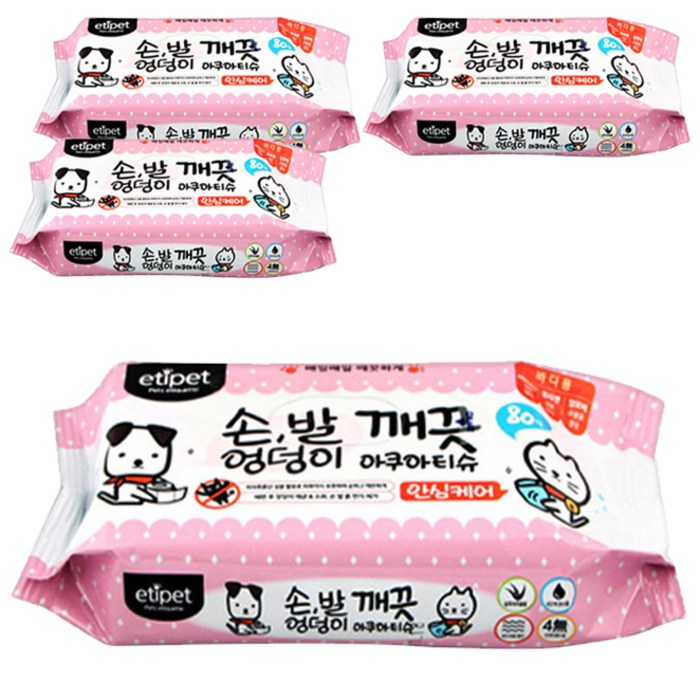 에티펫 반려동물 손발엉덩이 깨끗 아쿠아티슈, 80매, 4개 대표 이미지 - 강아지 물티슈 추천