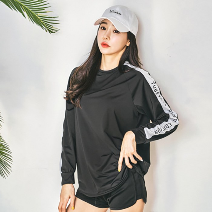 펀한커플 여성용 루즈핏 오버핏 배색 래쉬가드 상의 + 하의 세트 BE4205 대표 이미지 - 래쉬가드 바지 추천