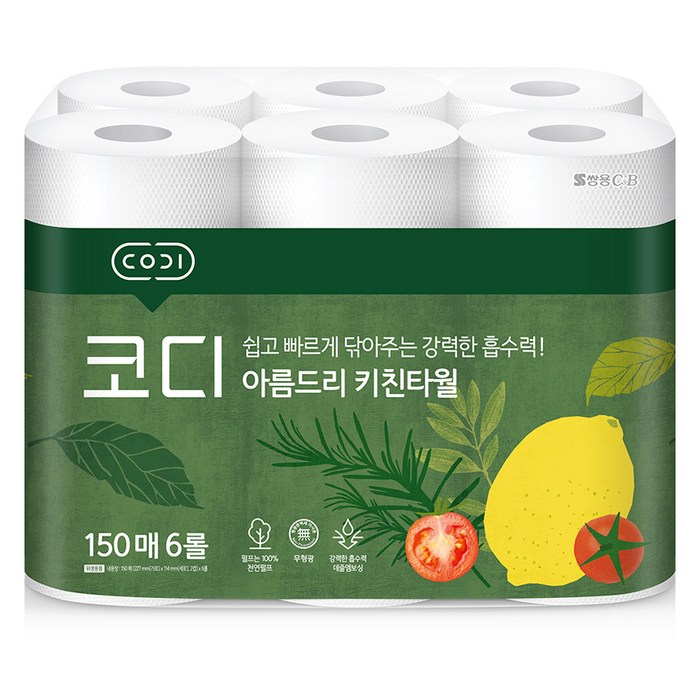 코디 아름드리 천연펄프 키친타올 150매, 6개입, 1개 대표 이미지 - 키친타올 추천