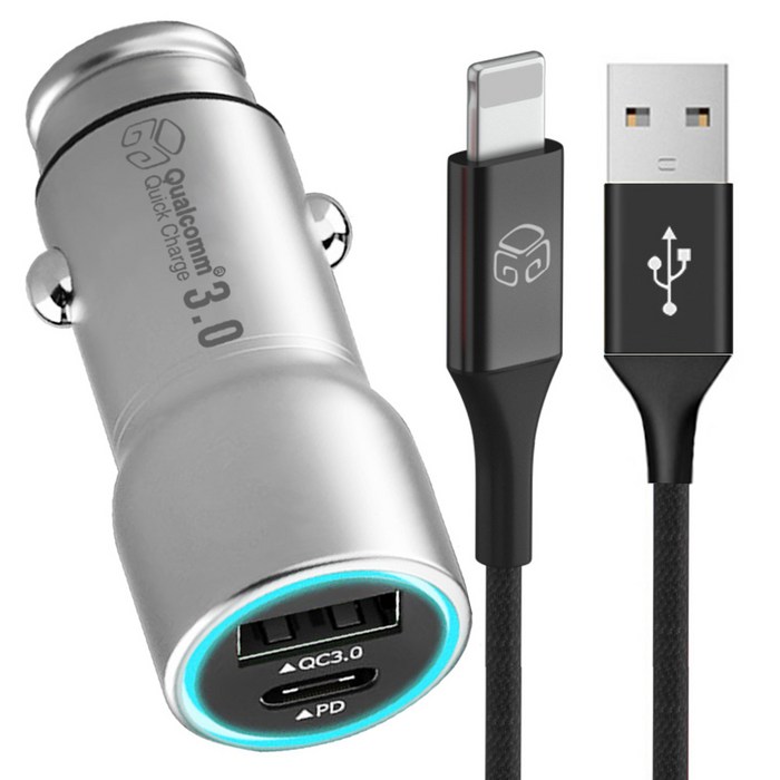 디지지 차량용 USB 앤 pd 듀얼시거잭 + 아이폰 8핀 컬러 고속 충전 케이블 1.2m, 시거잭(DGG-604), 케이블(DG-MC20), 딥블랙 대표 이미지 - 디지지 고속 충전 케이블 추천