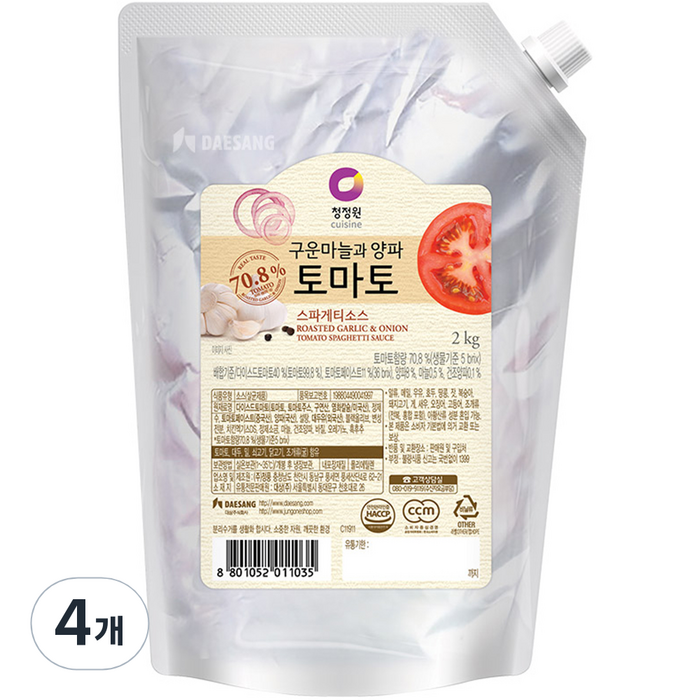 청정원 토마토 스파게티소스, 2kg, 4개 대표 이미지 - 토마토 파스타 추천