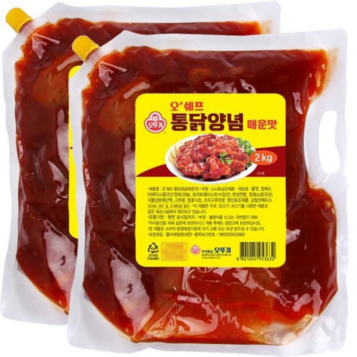 오뚜기 오쉐프 통닭양념 매운맛 소스, 2kg, 2개 대표 이미지 - 매운 양념 추천