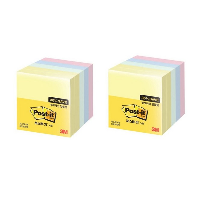 쓰리엠 알뜰팩 포스트잇 76 x 76 mm 654-5A 500p, 노랑, 애플민트, 크림블루, 러블리핑크, 2개 대표 이미지 - 포스트잇 추천
