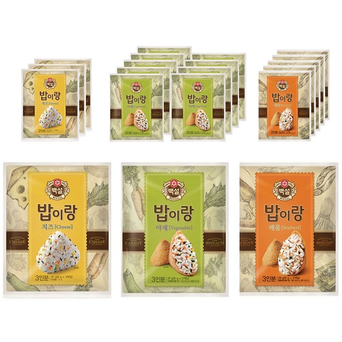 백설 밥이랑 3종 세트, 1세트, 야채 1.8g x 10개입 + 해물 1.8g x 6개입 + 치즈 1.8g x 4개입 대표 이미지 - 치즈밥 추천