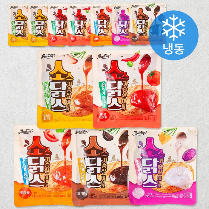 맛있닭 소스 닭가슴살 스테이크 로스트 갈릭 150g x 3p + 매콤 토마토 150g x 3p + 토마토 150g x 2p + 자색고구마 까르보나라 150g x 2p + 흑마늘 150g x 2p 세트 (냉동), 1세트 대표 이미지 - 소스 닭가슴살 추천