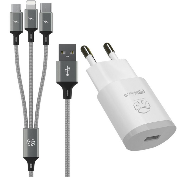 디지지 퀼컴 3.0 고속 충전 아답터 USB 1포트 18W + 3 IN 1 스카이 메타 멀티케이블 120cm, 화이트, 1개 대표 이미지 - 3in1 충전기 추천