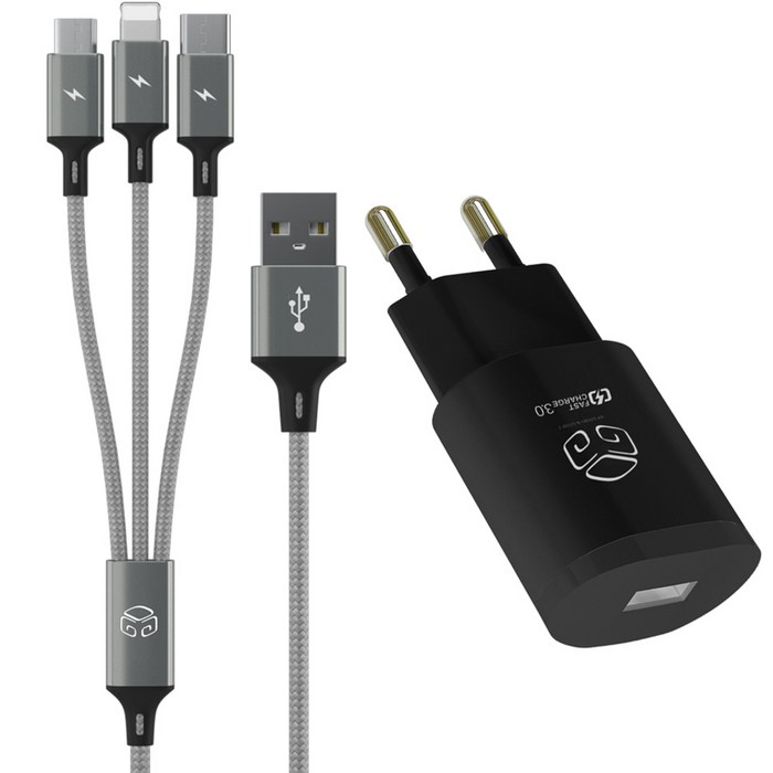 디지지 퀼컴 3.0 고속 충전 아답터 USB 1포트 18W + 3 IN 1 스카이 메타 멀티케이블 120cm, 블랙, 1개 대표 이미지 - 3in1 충전기 추천