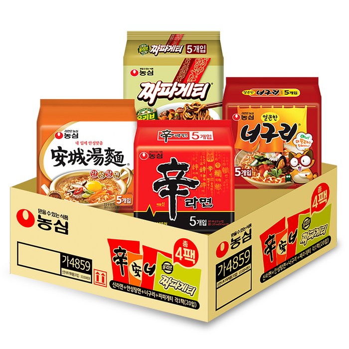 농심 신라면 120g x 5p + 안성탕면 125g x 5p + 얼큰 너구리 120g x 5p + 짜파게티 140g x 5p, 20개입 대표 이미지 - 얼큰한 라면 추천