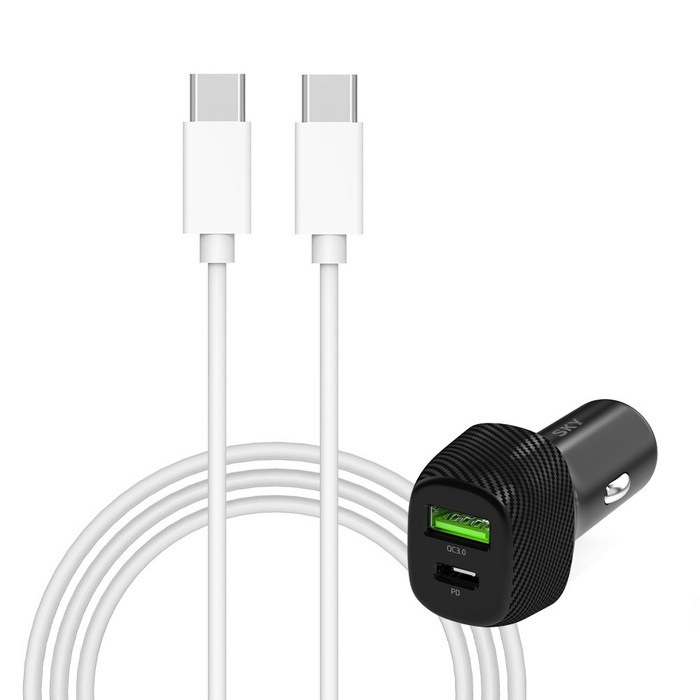 스카이 필 M2 USB PD C타입 QC3.0 38W 차량용 듀얼 시거잭 고속 충전기 + C to C 25W 케이블, 블랙(시거잭), 화이트(케이블), 1세트 대표 이미지 - 스카이 충전기 추천