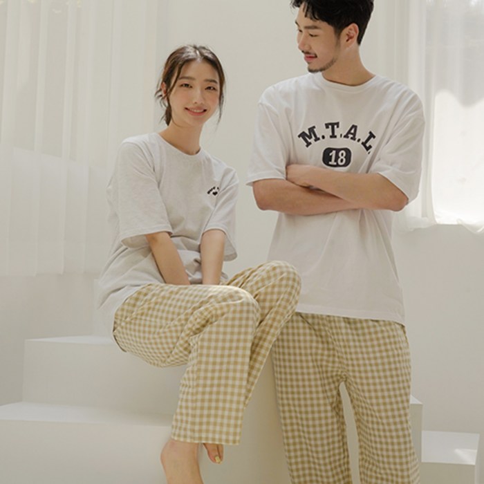파란 남녀공용 커플 베이직 깅엄체크 9부 파자마 바지 대표 이미지 - 체크 바지 추천