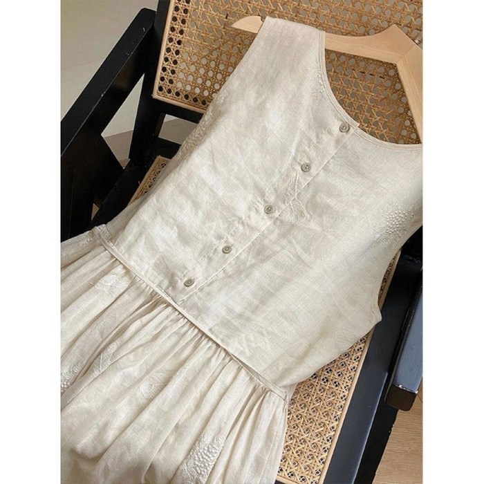 HANLIN 아사면 민소매 원피스 면마 여름 나시 린넨 혼방 자수 A라인 50대 60대 19DE