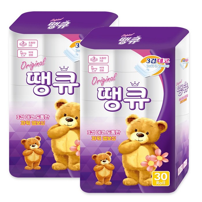 Original 땡큐 화장지 3겹 30롤 x 2팩 휴지 대표 이미지 - 뽀삐뽀 추천
