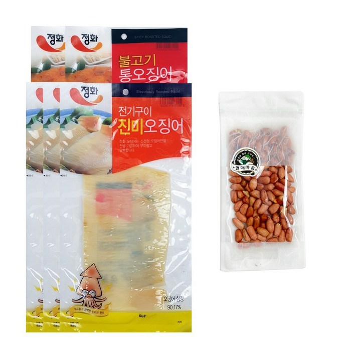 정화 전기구이 진미오징어 60g 3개 + 불고기통오징어 60g 2개 + 열매따옴 볶음땅콩 70g 1개, 진미오징어3개+불고기통오징어2개+땅콩1개 대표 이미지 - 통오징어 추천