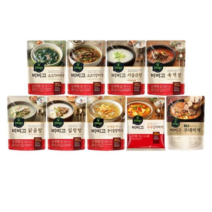 비비고 국 탕 찌개 9종(소고기미역국+소고기장터국+사골곰탕+육개장+닭곰탕+설렁탕+콩나물황태국+두부김치찌개+부대찌개), 1세트 대표 이미지 - 김치찌개 레시피 추천