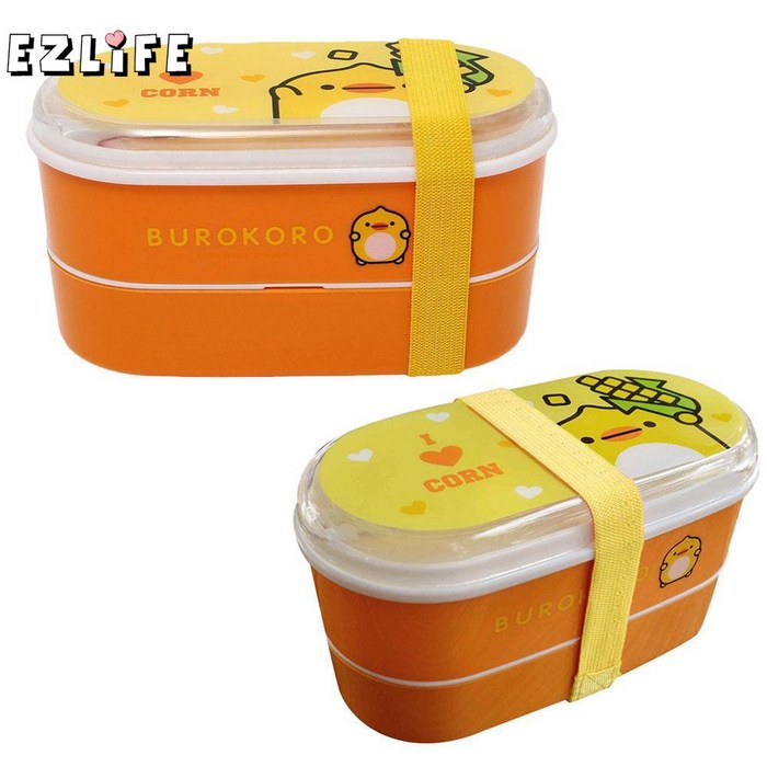 EZLIFE 2 층 귀여운 만화 동물 도시락 도시락 플라스틱 상자 점심 스시 점심 컨테이너 식품 용기 스타일 일본어 C4P3|런치 박스|, yellow, 1개, 단일