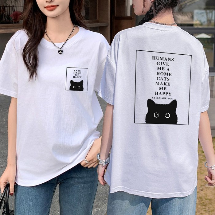 스타일아유 여성용 면 ~2XL 오버핏 고양이 프린팅 빅사이즈 박스 반팔 티셔츠 편안한 티 TS2681 대표 이미지 - 고양이 티셔츠 추천