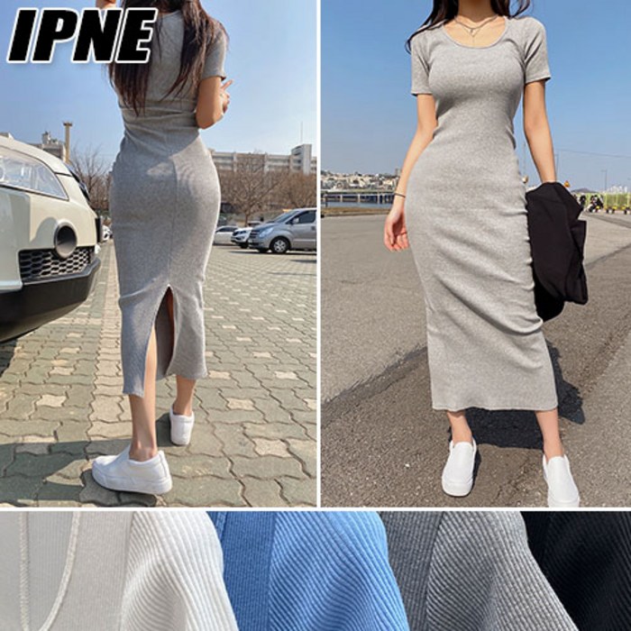 [이쁘네] 골지 롱 반팔 원피스 롱원피스 슬림 타이트 섹시 뒷트임 트임 슬릿 편한 편한 데일리 쫀쫀 클럽 파티룩 연말룩 글램 스판 H라인 에이치라인 마실룩 긴치마 봄 여름 대표 이미지 - 골지 나시 롱 원피스 추천