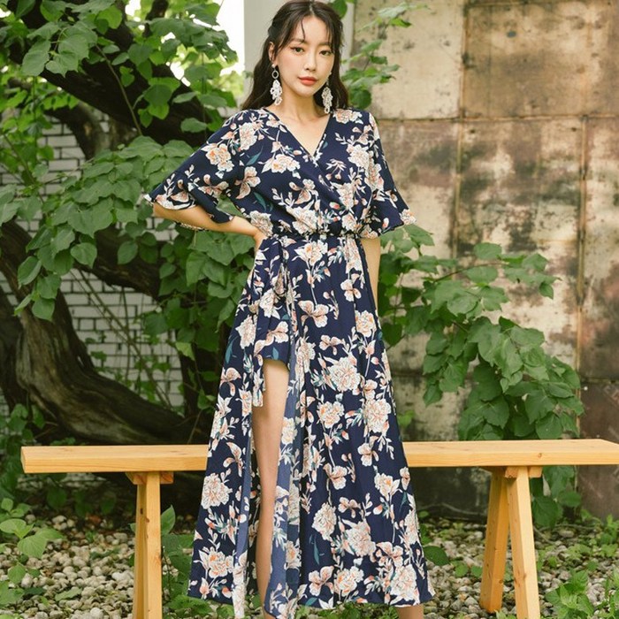 헤링본 롱 플라워 옆트임 비치원피스 반팔 비치웨어 바캉스룩 원피스 휴양지룩 HF113 대표 이미지 - 옆트임 비키니 추천