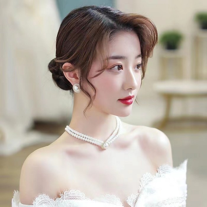 YAPOGI 1+1 진주목걸이+큐빅 귀걸이 우아 빈티지 파티 액세서리 천연 진주 쇄골 체인 대표 이미지 - 왕진주 목걸이 추천