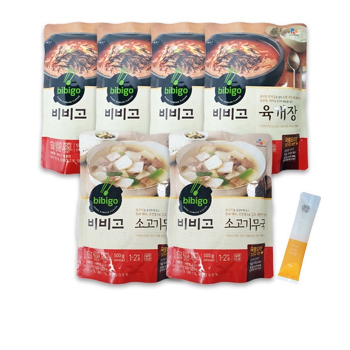 비비고 육개장 500g 4개 + 소고기무국 500g 2개 + 꿀따옴 꿀스틱 1개, 비비고 육개장 4개 + 소고기무국 2개+천연꿀스틱 1개 대표 이미지 - 비비고 국 추천