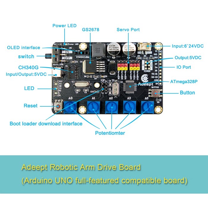 Adeept Arduino 호환 DIY 5 DOF 로봇 암 키트 Arduino UNO R3 프로그래밍 장난감 용 스템 로봇 암 키트 고품질|프로그래밍 장난감|, 단일, 1개, 단일 대표 이미지 - 교육용 아두이노 추천