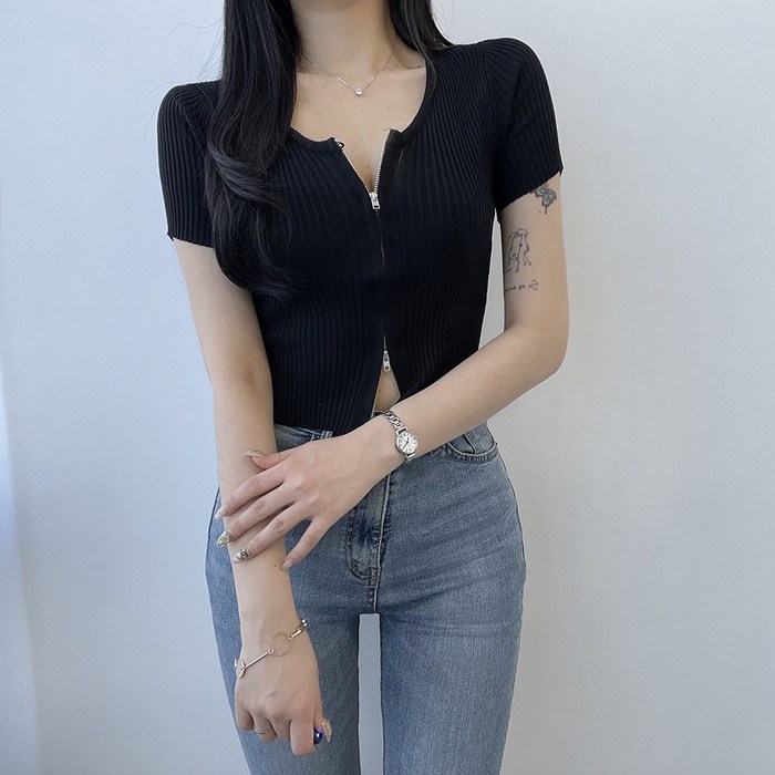 VANANA2 여성 유니크 투웨이 크롭 골지 반팔 티셔츠 대표 이미지 - 딱붙는 반팔 추천