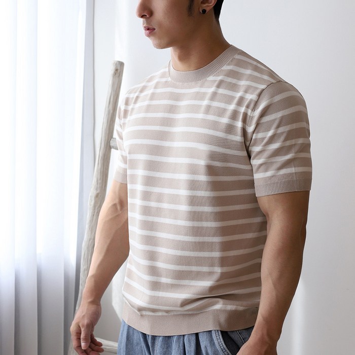 머슬핏 쿨 스트라이프 라운드넥 남자 봄 여름 반팔 니트 티셔츠 6color 대표 이미지 - 남자 여름 니트 추천