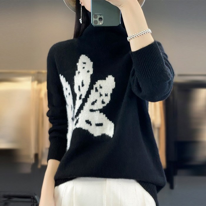 스타일아유 양모100 여성 하이넥 배색 자카드 가을겨울 두툼한 포근함을 더한 데일리 고급스러운 울니트 스웨터 KN2241