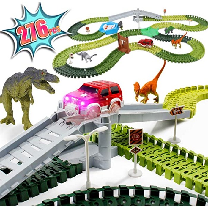 Dinosaur Race Track Toy Car Set - 276 Pcs Flexible Train Tracks Playset Jurassic Dinosaur World Toys