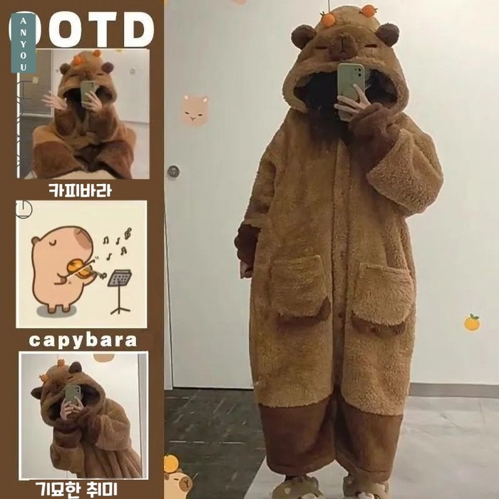 ANYOU 카피바라 동물 잠옷 겨울 코랄 융 기모 도톰 올인원 커플 잠옷 대표 이미지 - 귀여운 잠옷 추천