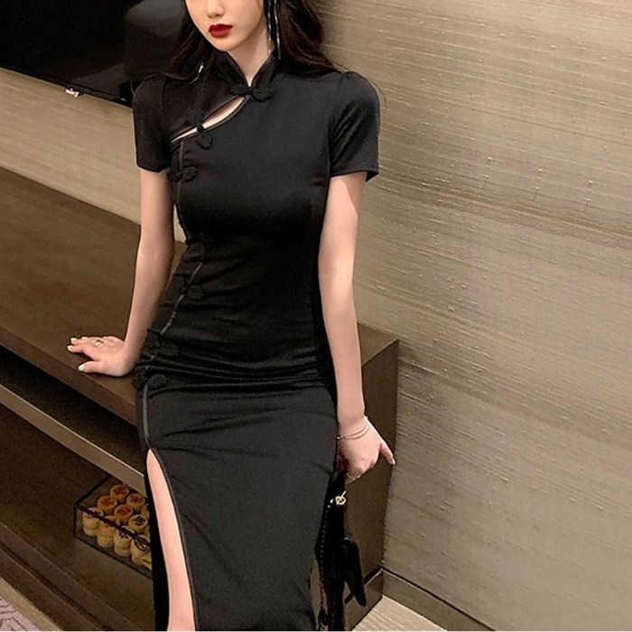 블랙 고급 차이나카라 치파오 반팔 롱원피스 대표 이미지 - 치파오 추천
